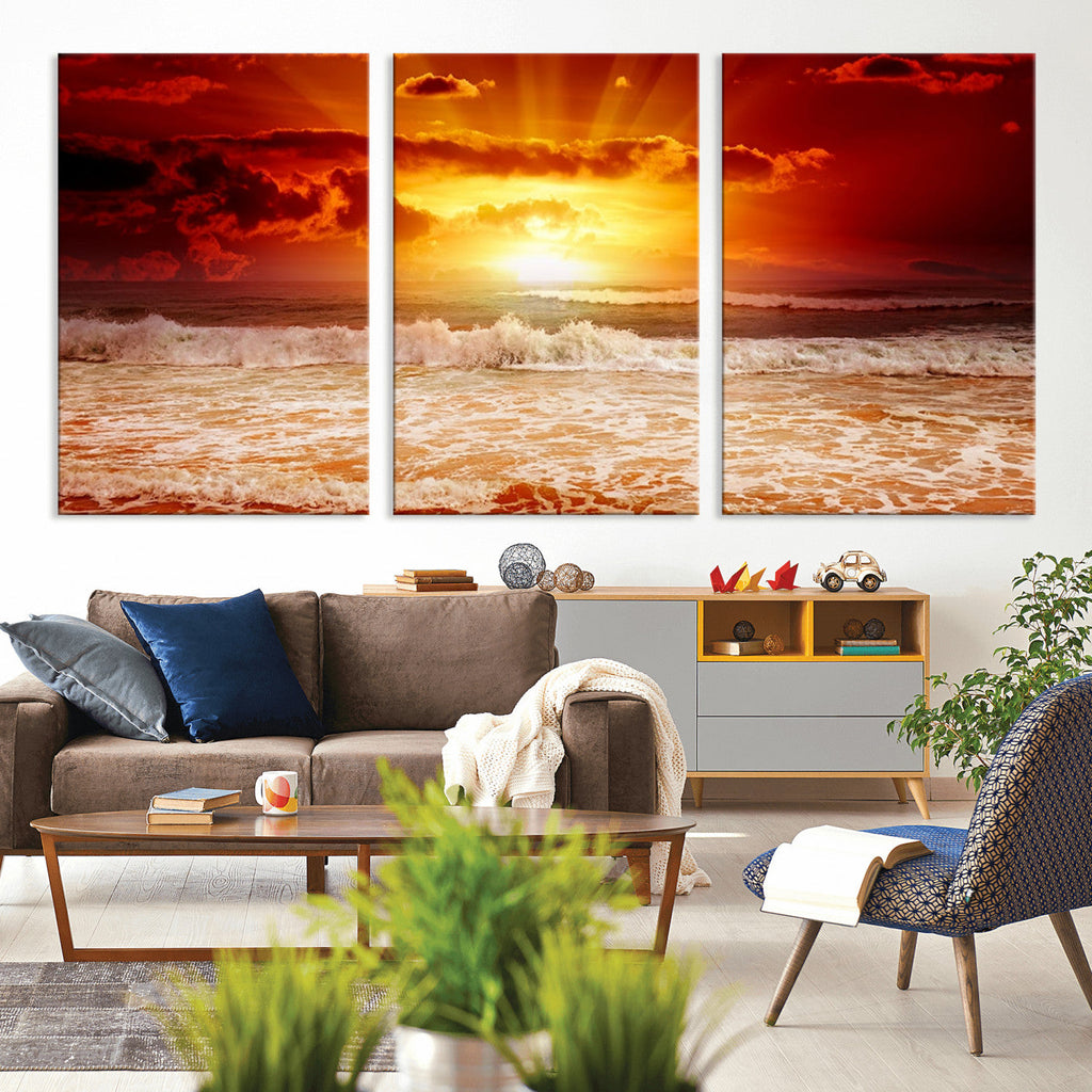 Red Sunset Ocean Beach Canvas Wall Art, Coastal Sunset Print