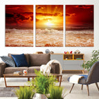 Red Sunset Ocean Beach Canvas Wall Art, Coastal Sunset Print