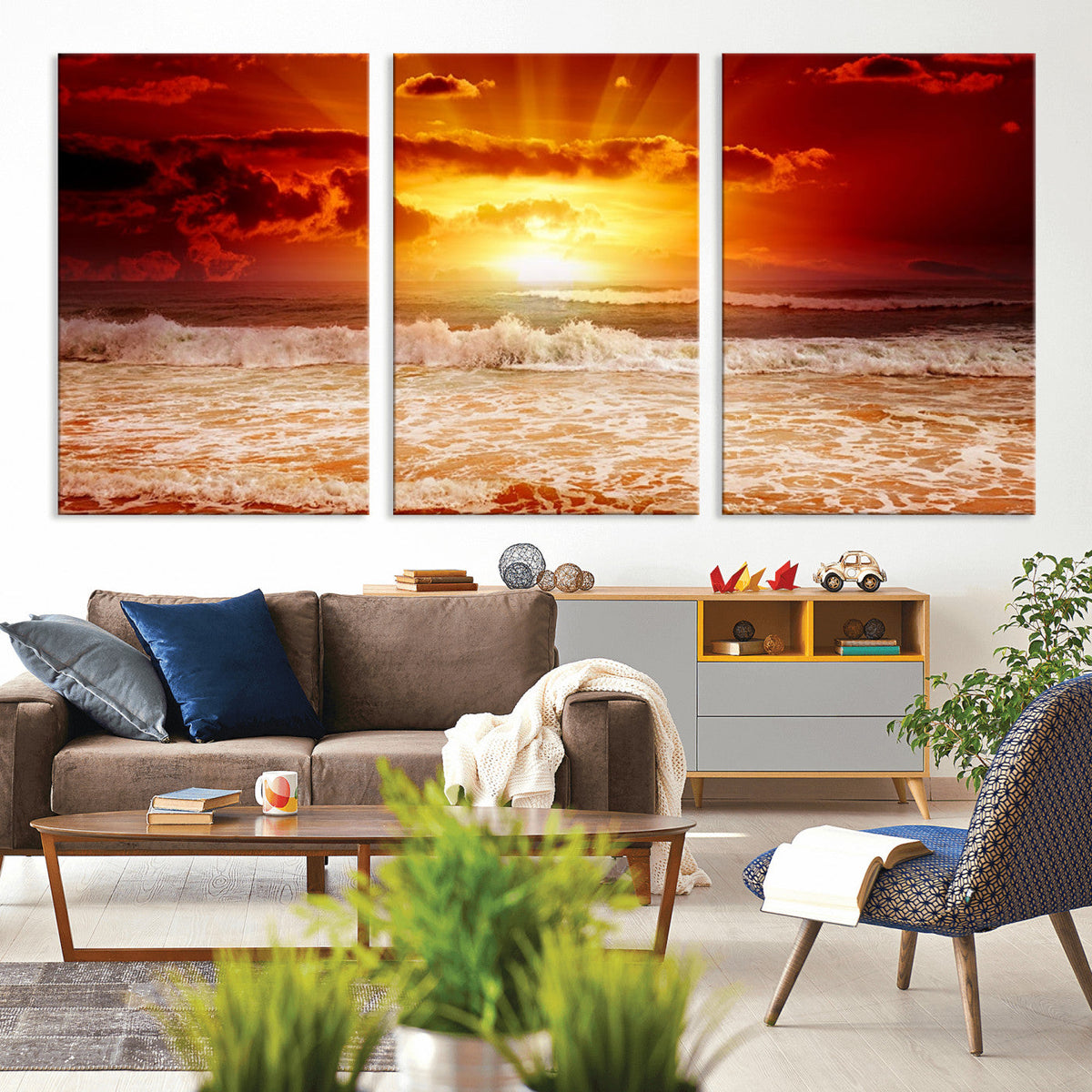 Red Sunset Ocean Beach Canvas Wall Art, Coastal Sunset Print