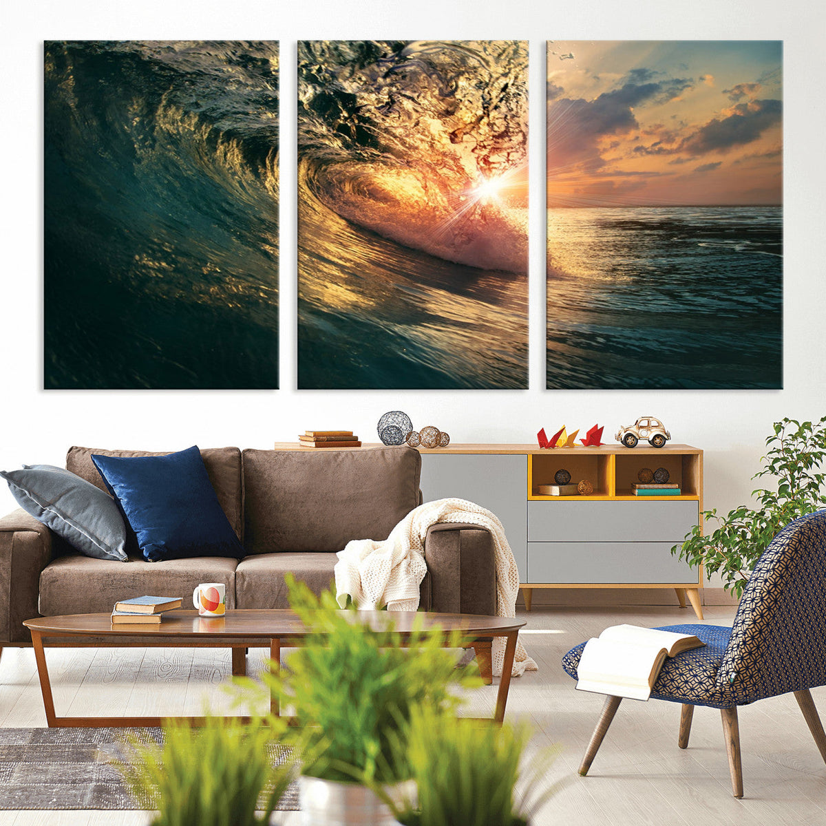 Ocean Wave Sunset Canvas Wall Art | Triptych Seascape Print