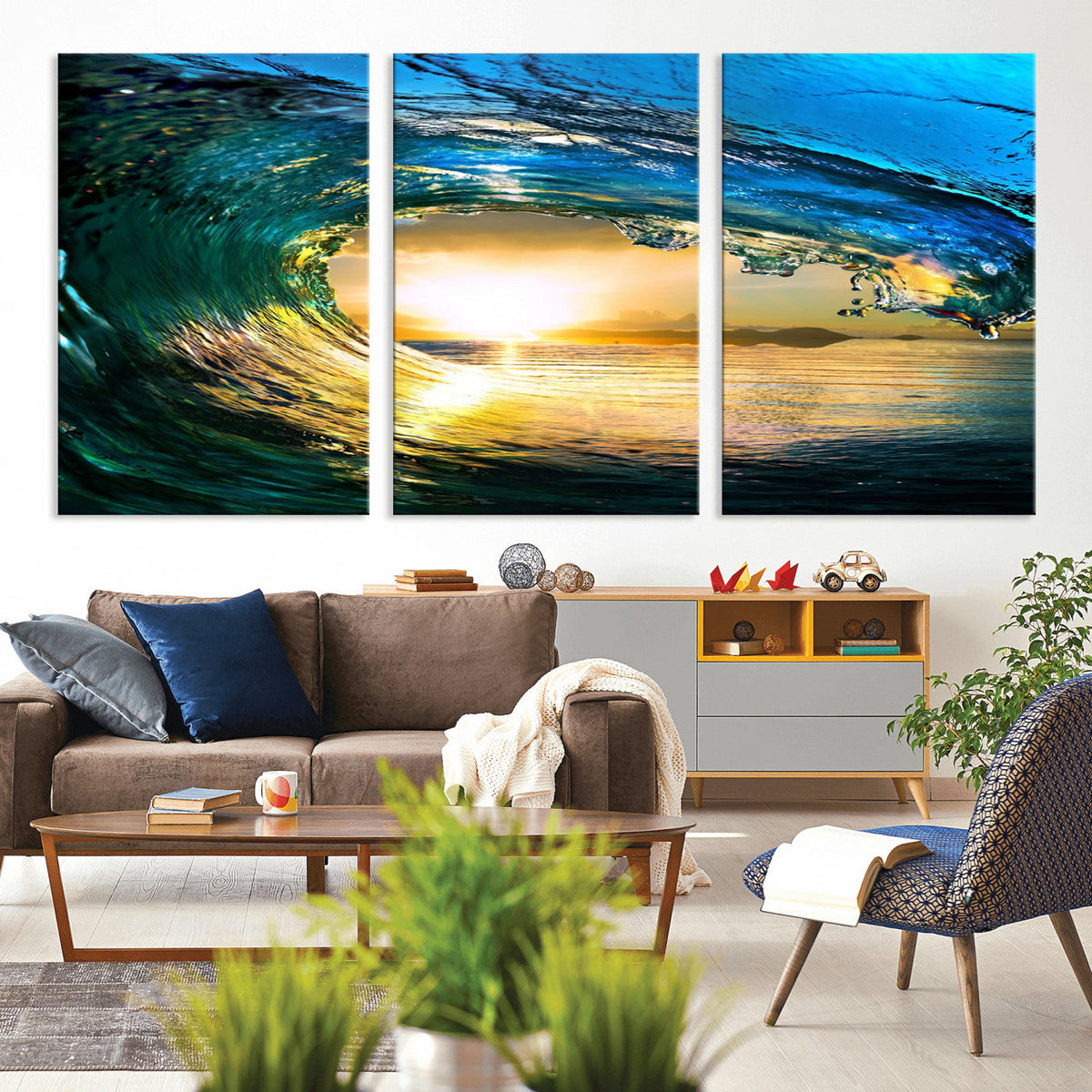 Ocean Wave at Sunset Canvas Art, Large Wall Print of Vibrant Surfing Wave