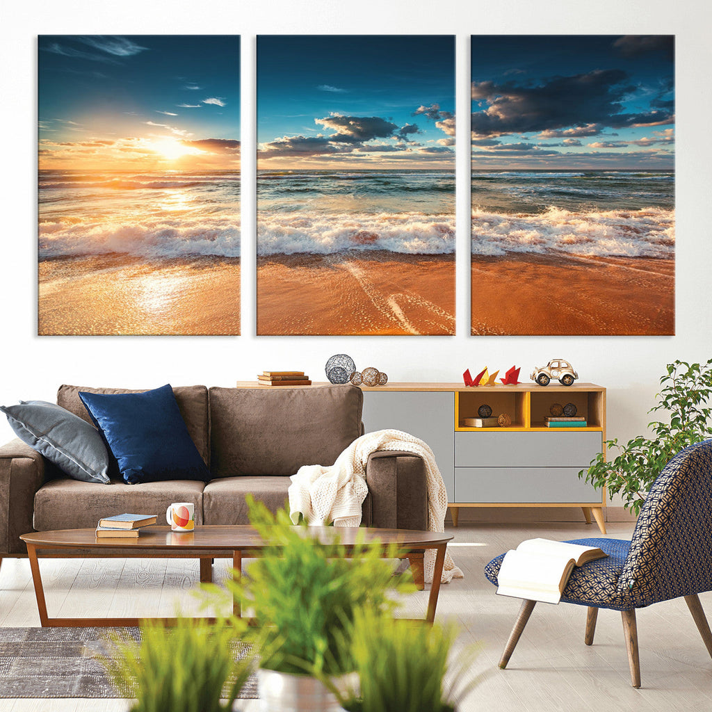Golden Sunset Beach Triptych Canvas Art, Giclee Coastal Wall Decor, Ocean Waves Print