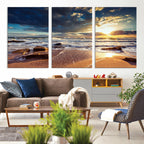 Golden Hour Beach Sunset Canvas Triptych, Ocean Waves and Rocks Wall Art