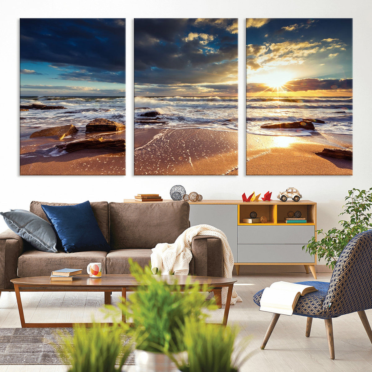 Golden Hour Beach Sunset Canvas Triptych, Ocean Waves and Rocks Wall Art