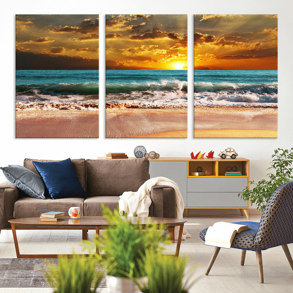 Golden Sunset Beach Canvas Wall Art | Triptych Seascape Print, Framed and Ready to Hang