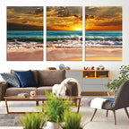 Golden Sunset Beach Canvas Wall Art | Triptych Seascape Print, Framed and Ready to Hang