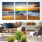 Golden Sunset Ocean Waves Wall Art Canvas Print | Multi Panel Beach Canvas Set, Coastal Triptych