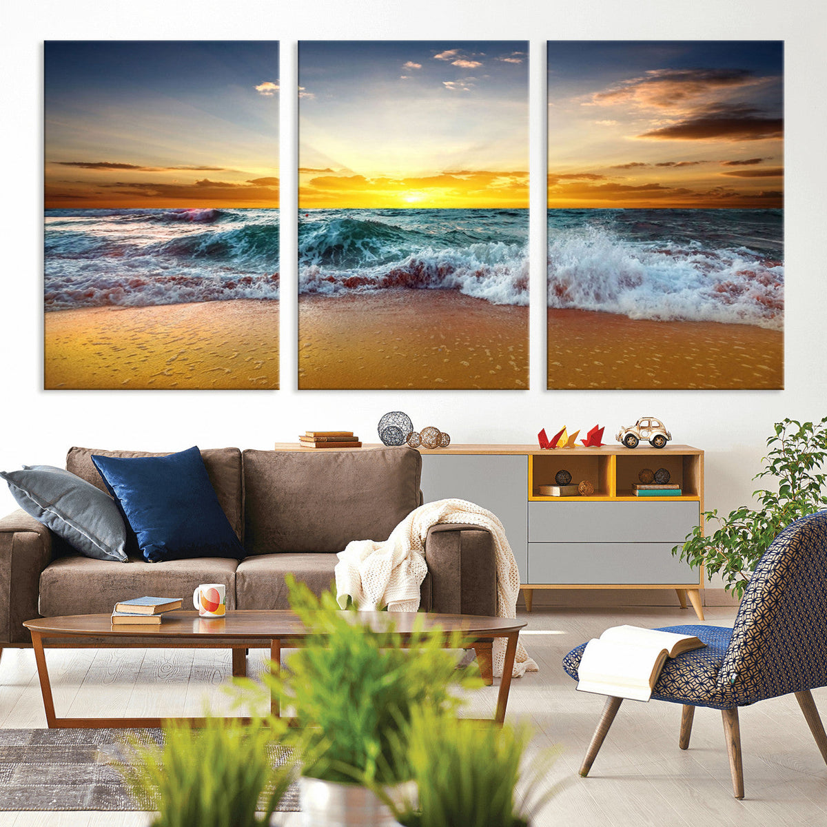Golden Sunset Ocean Waves Wall Art Canvas Print | Multi Panel Beach Canvas Set, Coastal Triptych