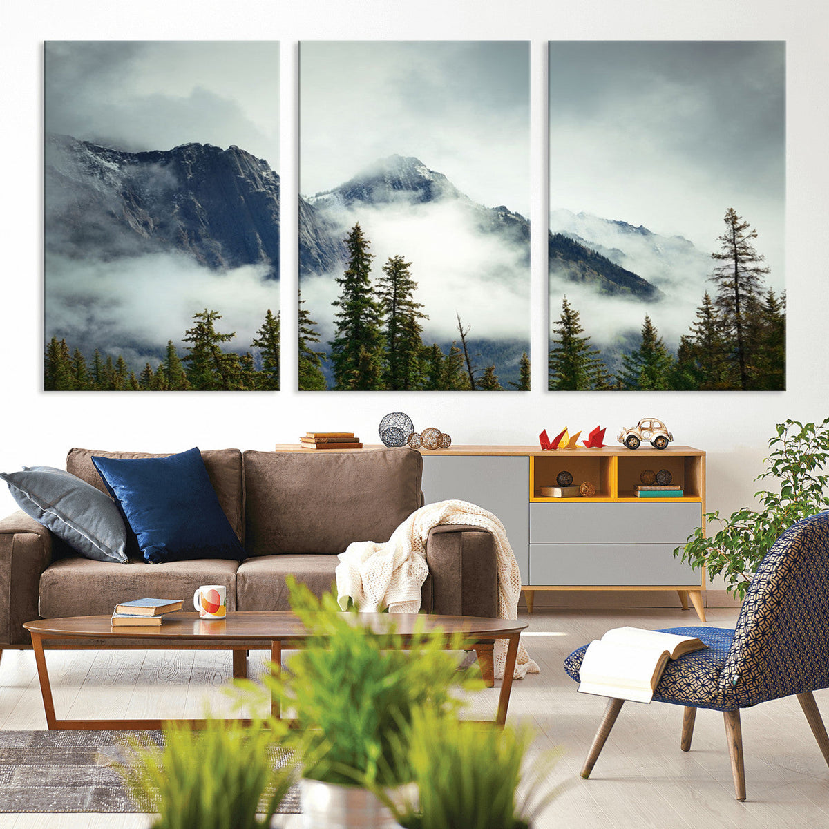 Mountain Mist Canvas Wall Art Print | 3-Panel Foggy Forest and Mountain Landscape