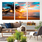 Palm Tree Sunset On The Beach Wall Art Canvas, Framed Palm Tree Sunset Canvas Print