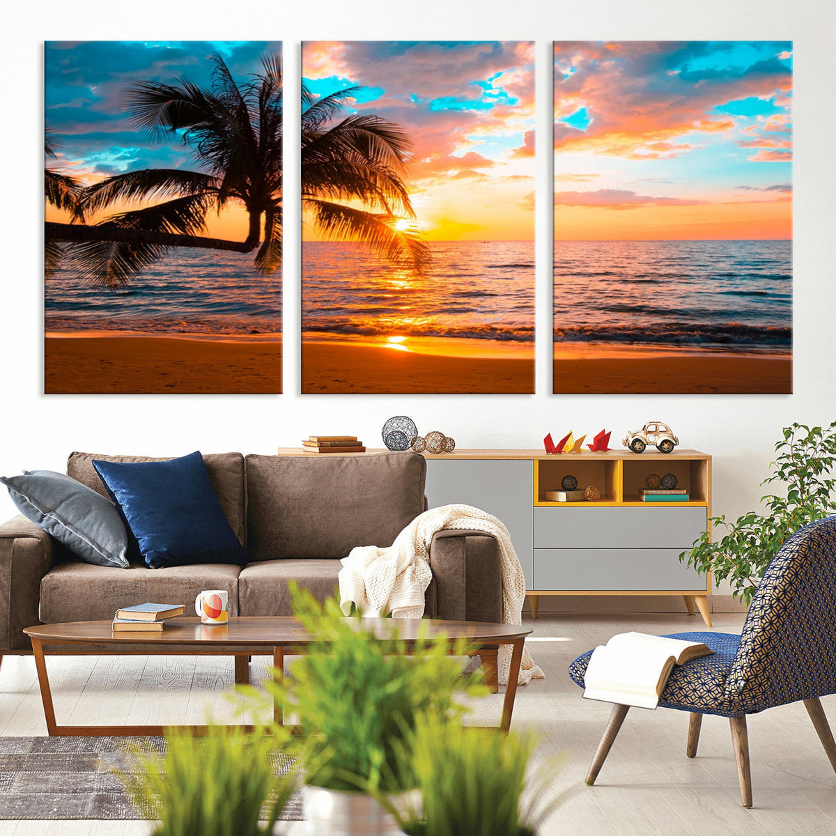 Palm Tree Sunset On The Beach Wall Art Canvas, Framed Palm Tree Sunset Canvas Print
