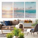 Tranquil Ocean Beach Sunset Canvas Wall Art | 3-Panel Coastal Decor