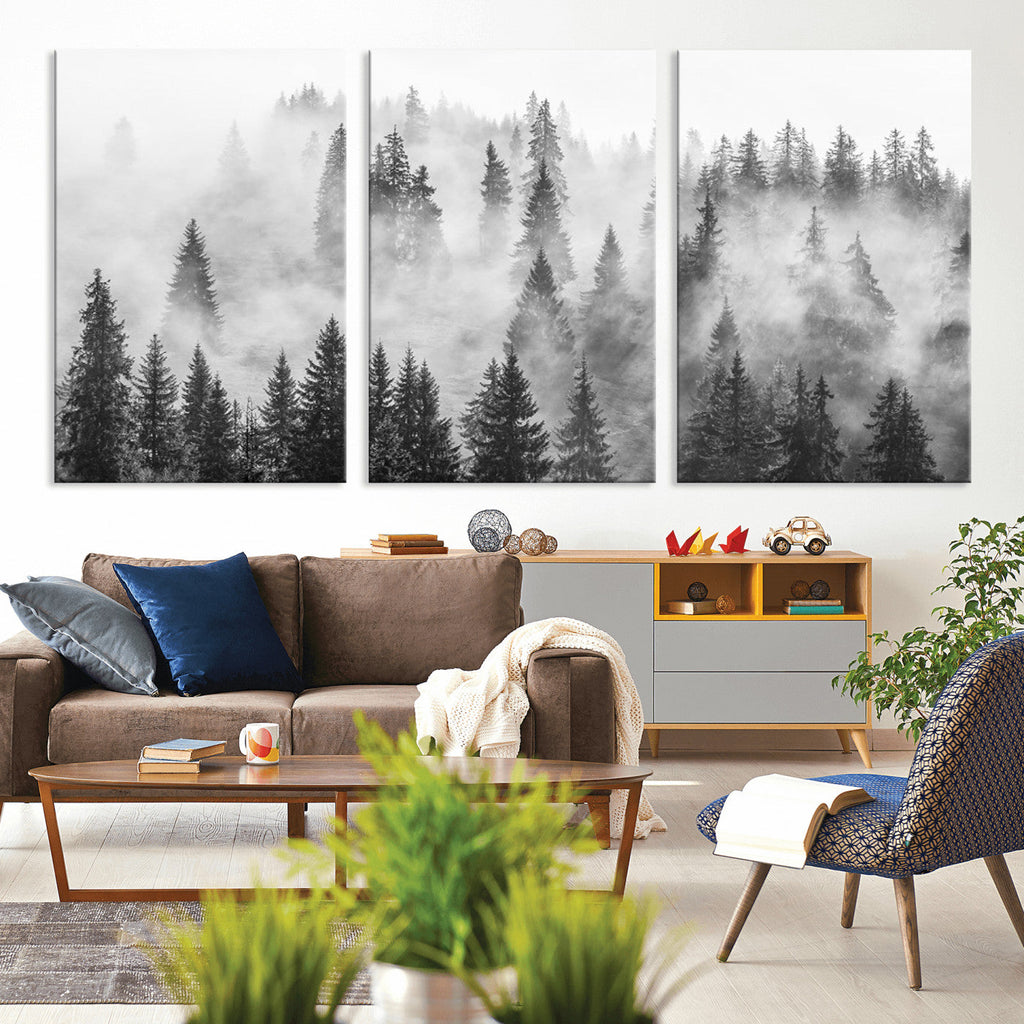 Forest Wall Art Print | Foggy Pine Forest Canvas Wall Art, Black and White Nature Decor