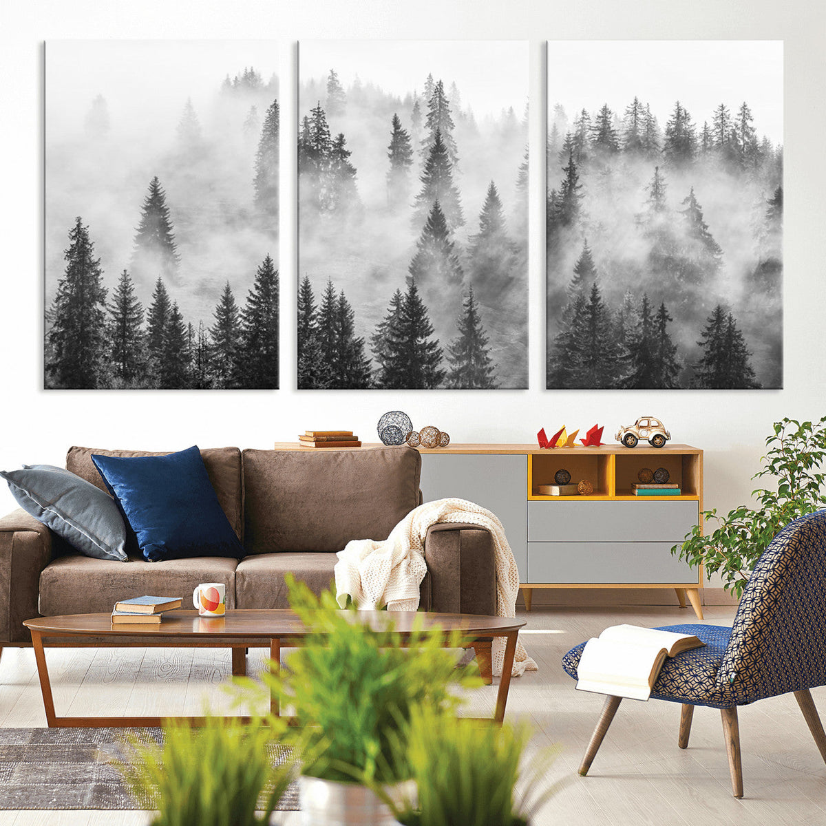 Forest Wall Art Print | Foggy Pine Forest Canvas Wall Art, Black and White Nature Decor