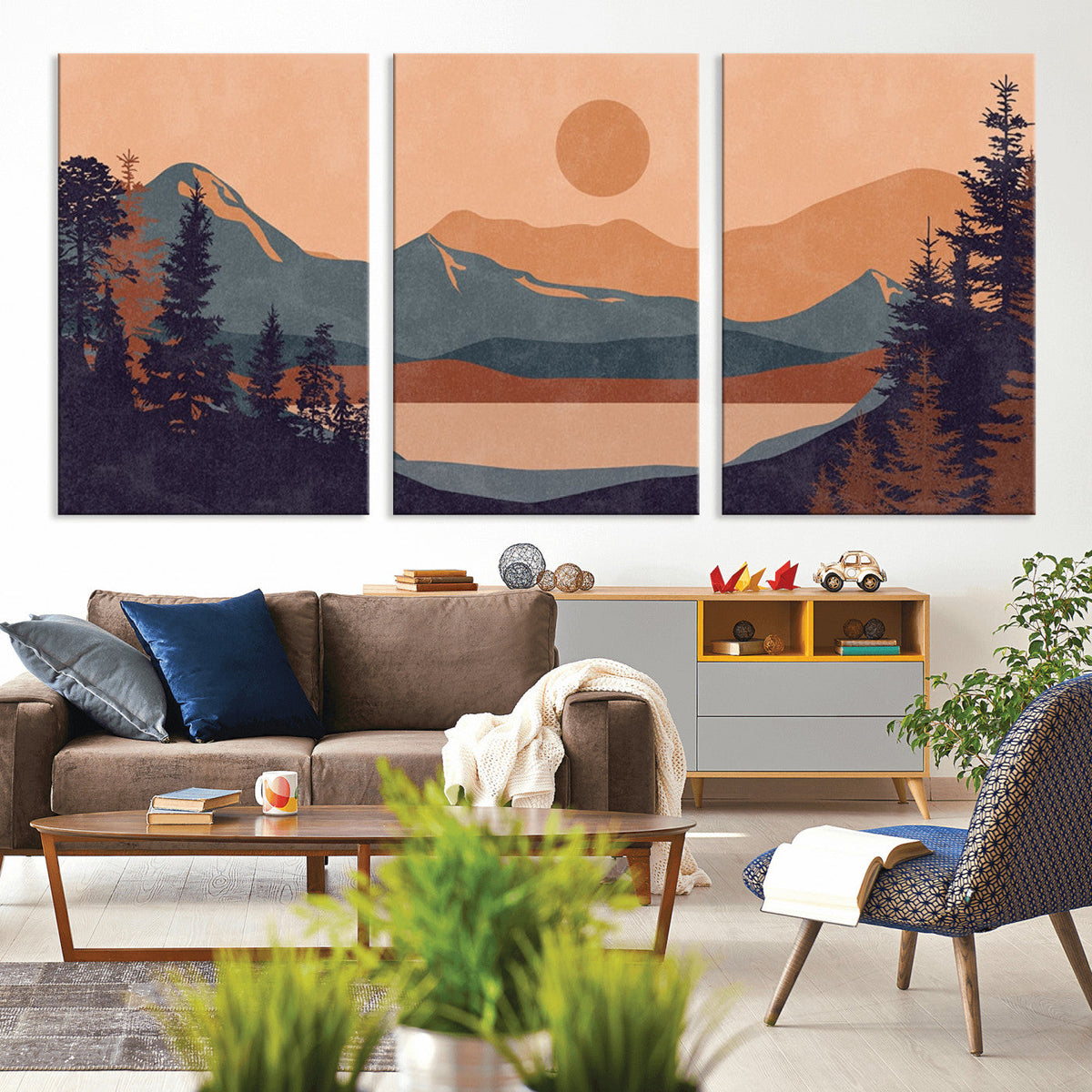 Modern Boho Sunset Canvas Print, Mountain Landscape Triptych