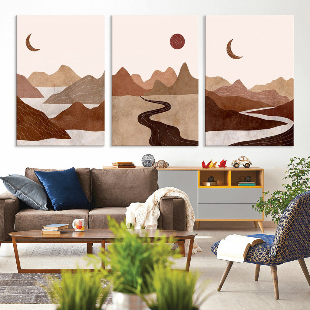 Boho Wall Art Canvas Print Set | Mid-Century Bohemian Wall Artwork, Boho Neutral