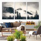 Forest Mountain Print | Black and White Canvas Wall Art with Misty Forest Design