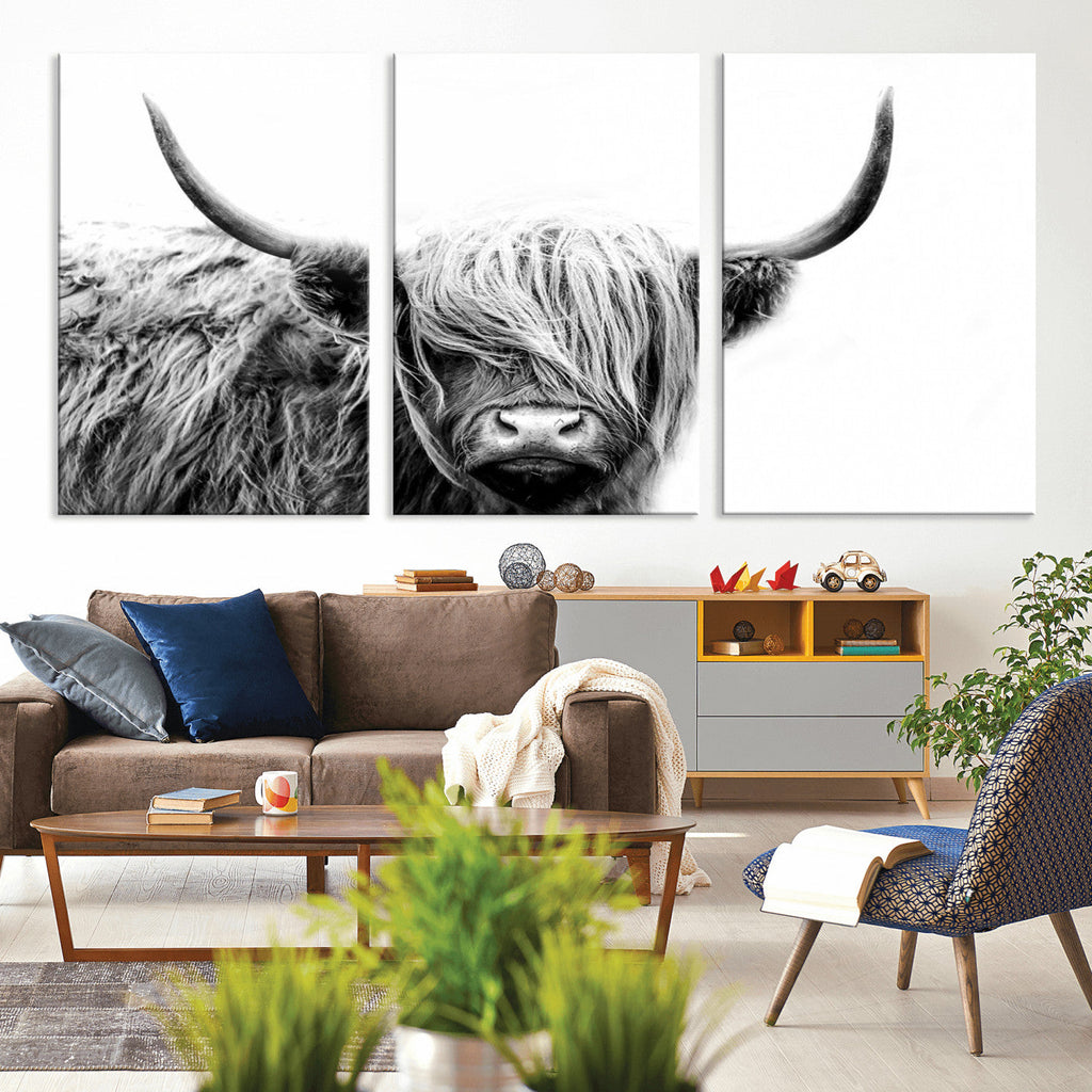 Black White Scottish Highland Cow Cattle Art Print Farmhouse Decor