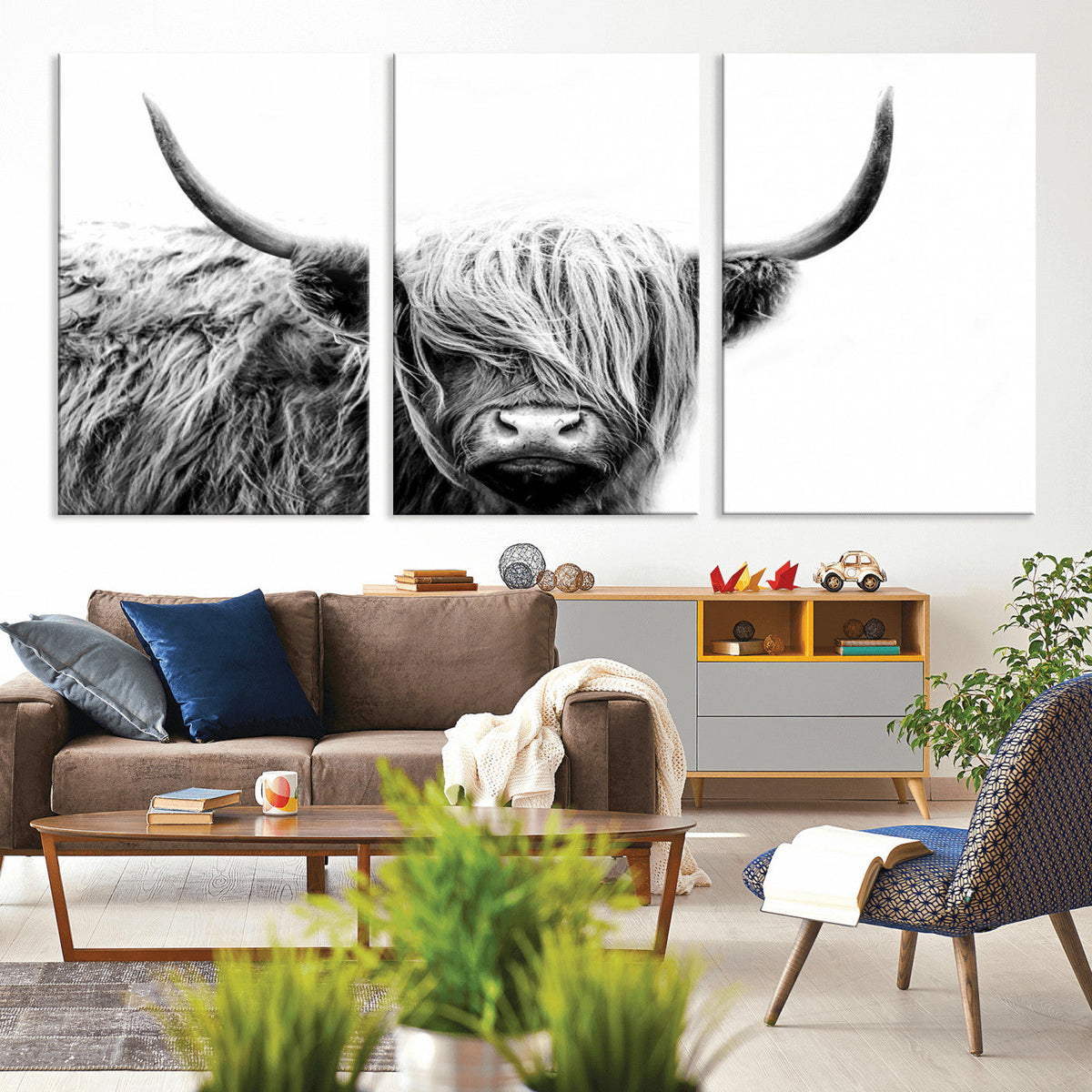 Black White Scottish Highland Cow Cattle Art Print Farmhouse Decor