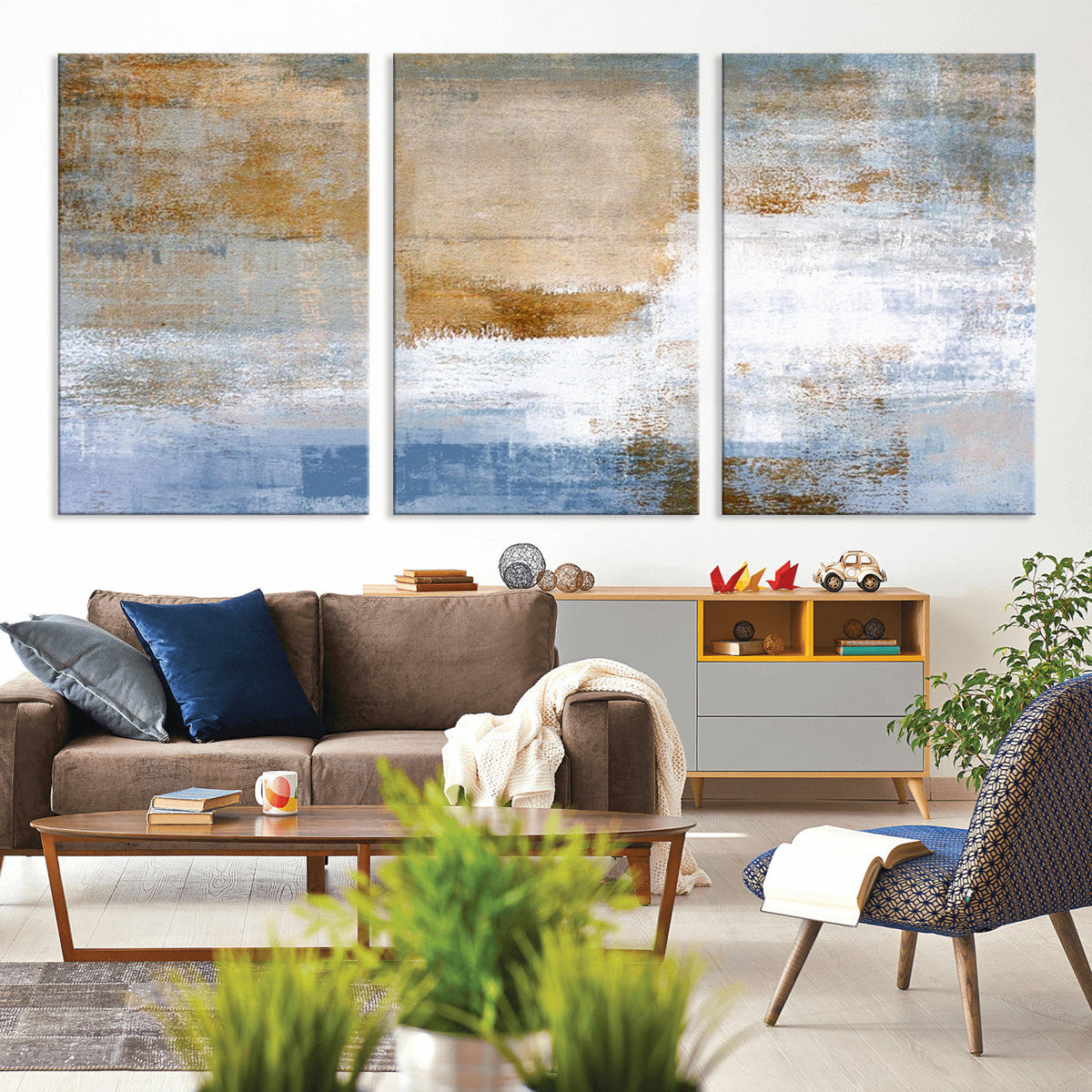 Blue Multi Panel Abstract Wall Art Canvas, Abstract Blue and Gold Canvas Print