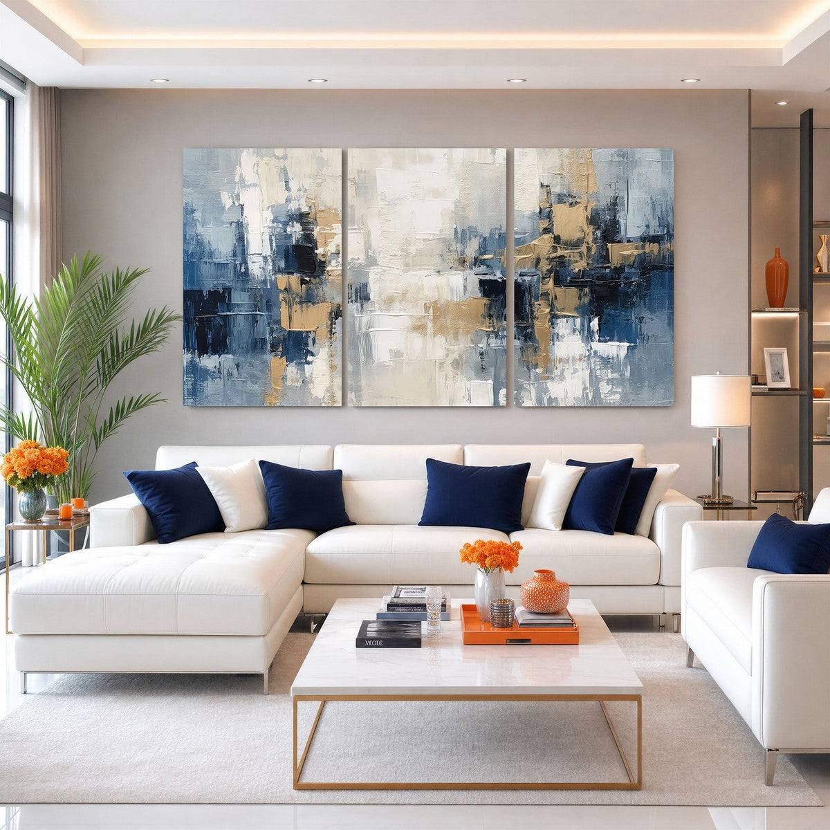 Modern Abstract Canvas Wall Art in Blue and Gold Tones | Large Contemporary Art for Living Room