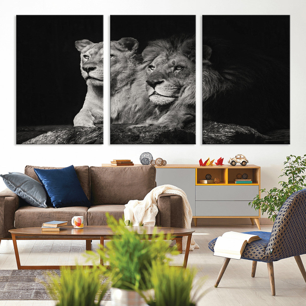 Lion Couple Wall Art Canvas Print, Elegant Black and White Wildlife Portrait