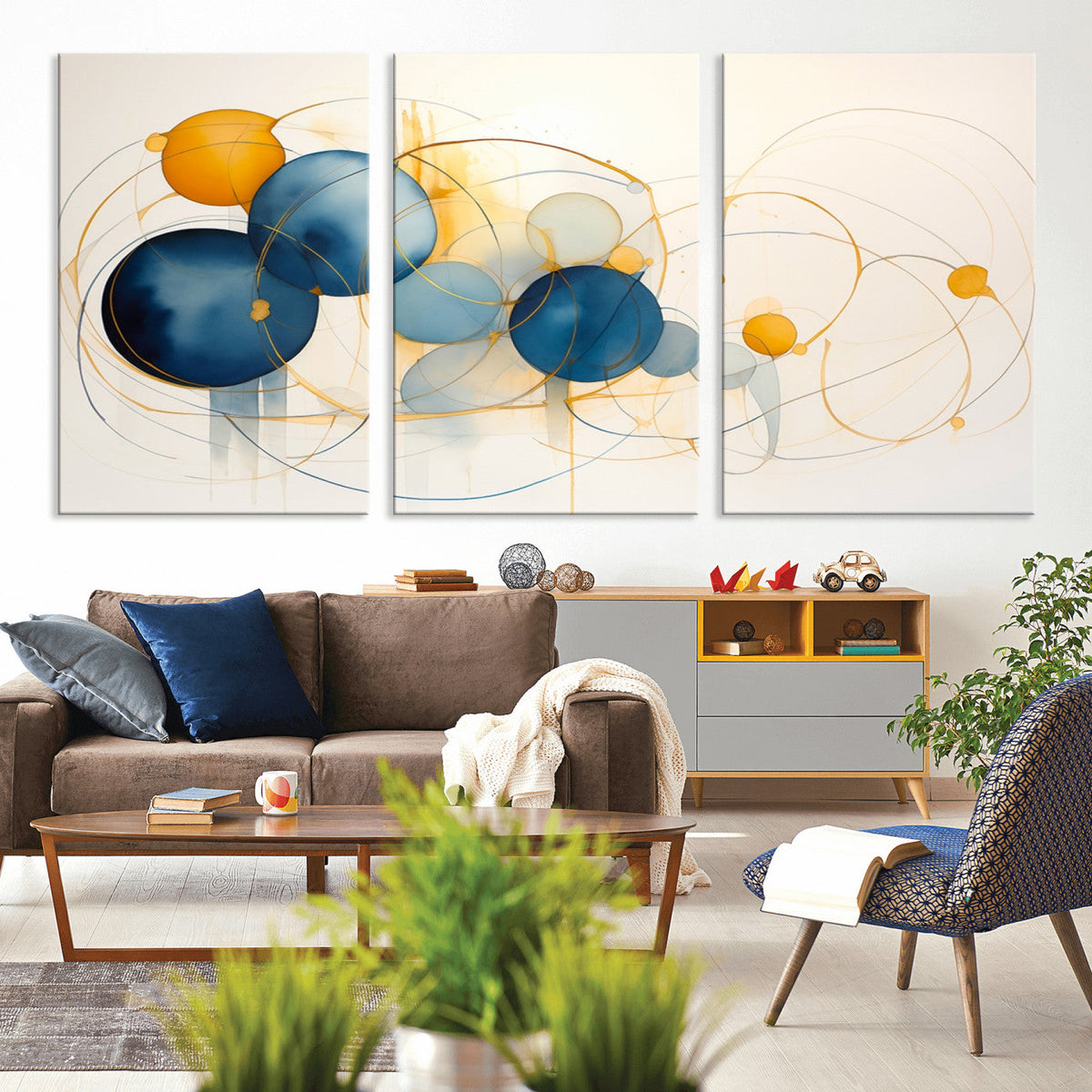 Geometric Blue Orange Abstract Wall Art Canvas, Geometric Blue Orange Canvas Print