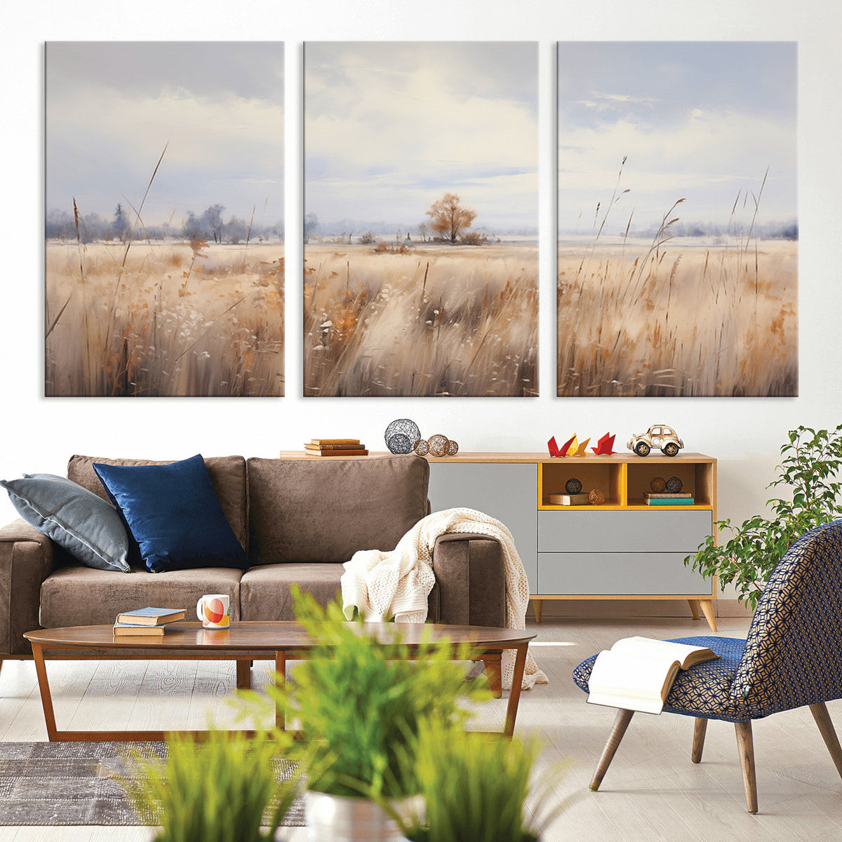 Golden Fields Wall Art Print Canvas | Serene Minimalist Landscape for Farmhouse Decor