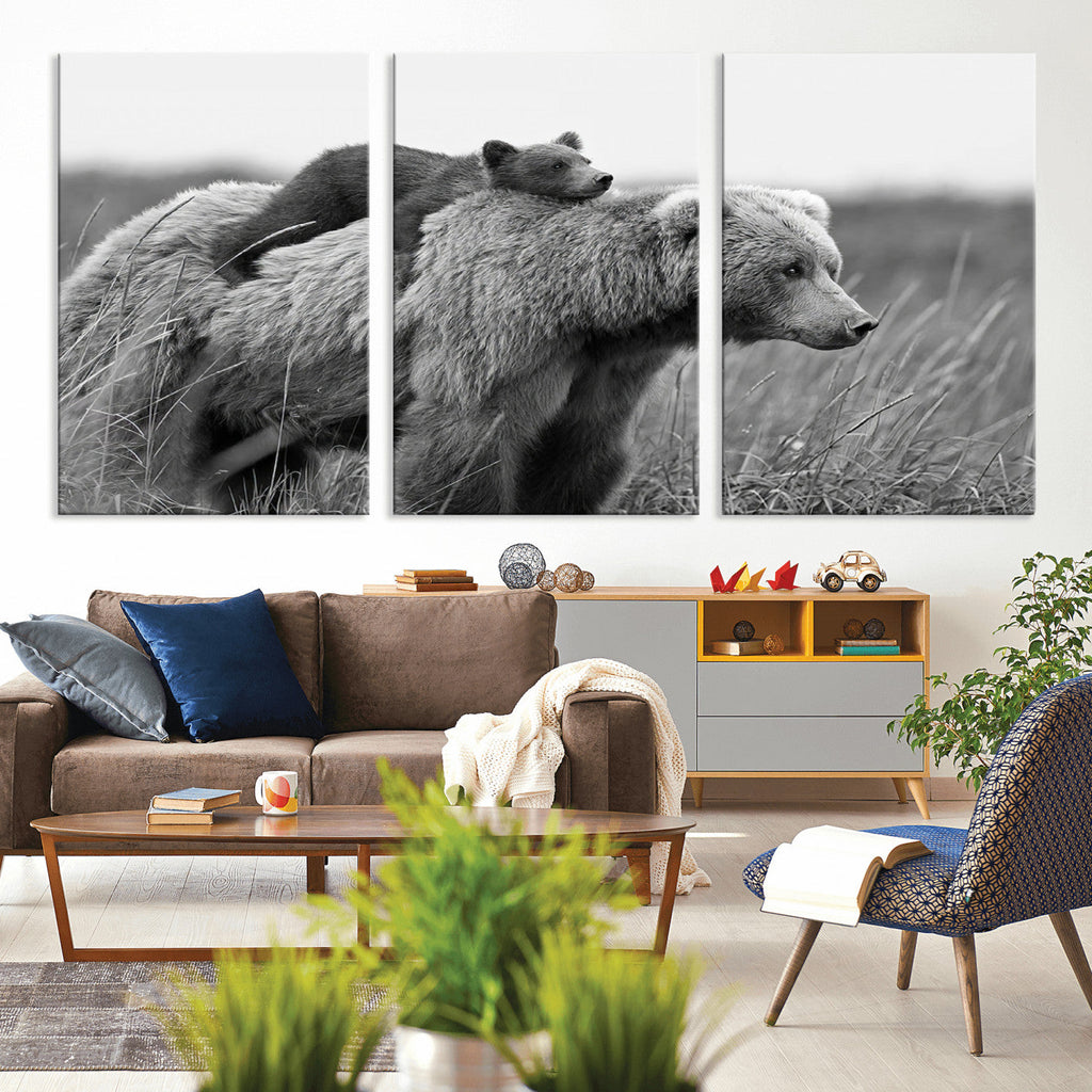 Bear and Cub Wall Art Canvas | Grizzly 399 Bear and Cub Black and White Wildlife Print