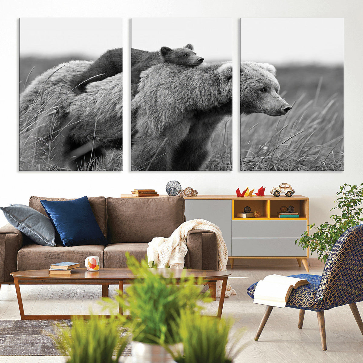 Bear and Cub Wall Art Canvas | Grizzly 399 Bear and Cub Black and White Wildlife Print