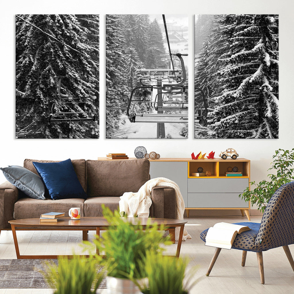 Winter Ski Lift Black and White Canvas Wall Art | Alpine Escape in Minimalist Style