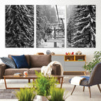 Winter Ski Lift Black and White Canvas Wall Art | Alpine Escape in Minimalist Style