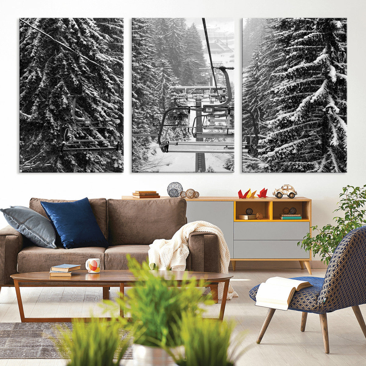 Winter Ski Lift Black and White Canvas Wall Art | Alpine Escape in Minimalist Style