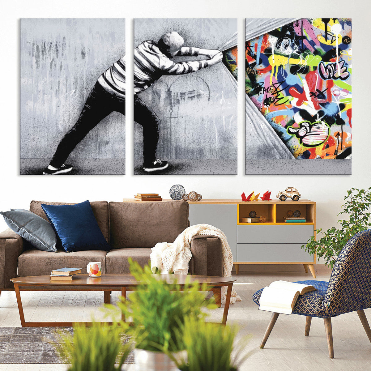 Banksy Art Behind the Curtain Street Wall Art Canvas Print | Urban Graffiti Style Wall Decor