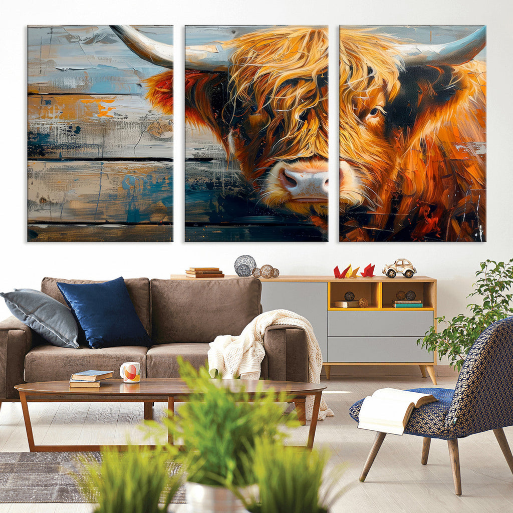Highland Cow Abstract Canvas Wall Art, Bold Farmhouse Decor