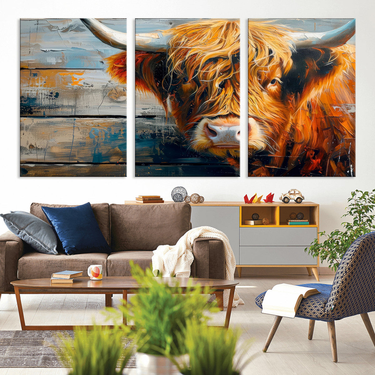 Highland Cow Abstract Canvas Wall Art, Bold Farmhouse Decor
