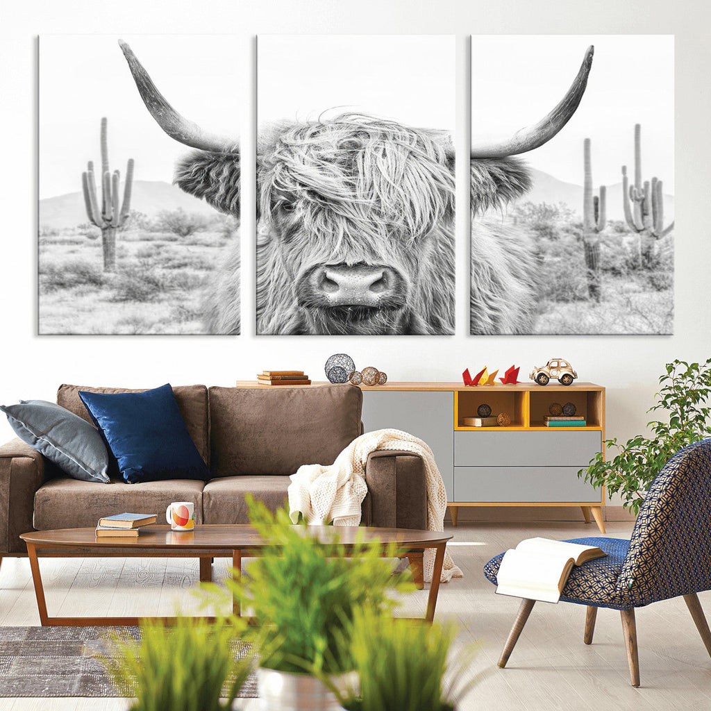 Rustic Charm, Cow Longhorn Black White Bighorn Wall Art