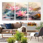 Lotus Flower Wall Art | 3 Panel Giclee Canvas Print of Pink Lotus Blossoms
