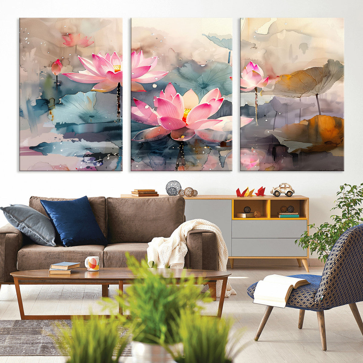 Lotus Flower Wall Art | 3 Panel Giclee Canvas Print of Pink Lotus Blossoms