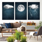 3 Piece Indigo Cloud Wall Art, Thunderstorm Moon Cloud Artwork
