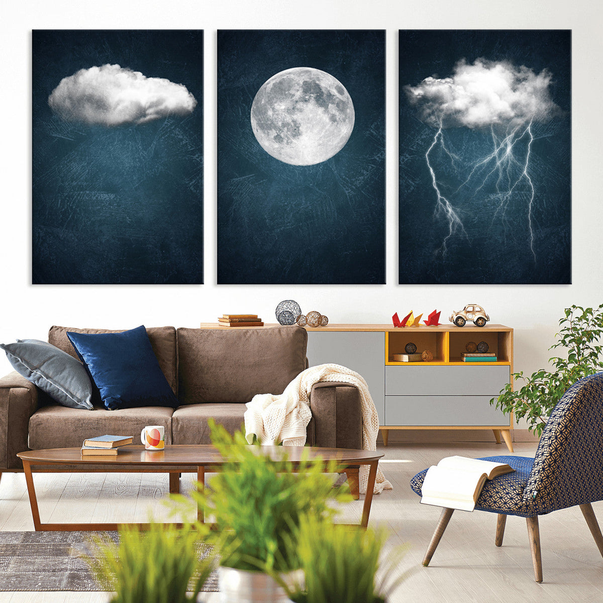 3 Piece Indigo Cloud Wall Art, Thunderstorm Moon Cloud Artwork