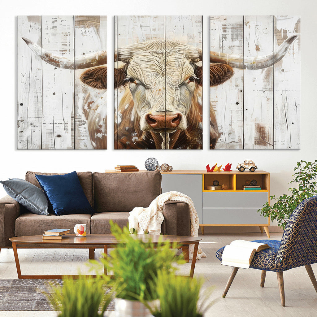 Rustic Longhorn Bull Wall Art Canvas Set