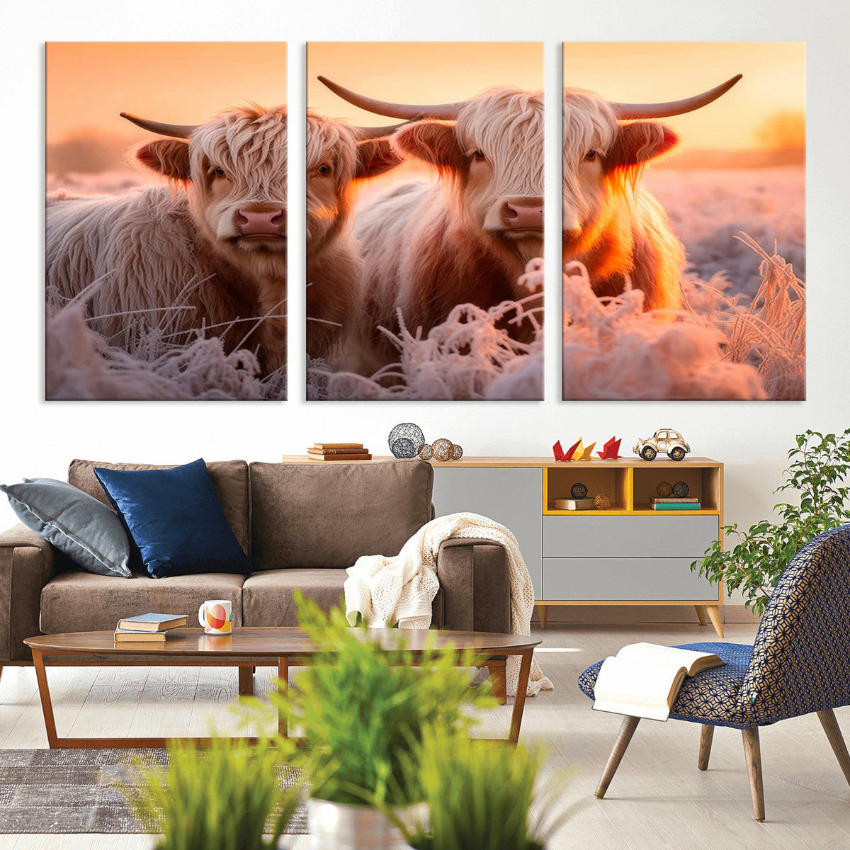 Highland Cows at Sunrise Wall Art Canvas Set