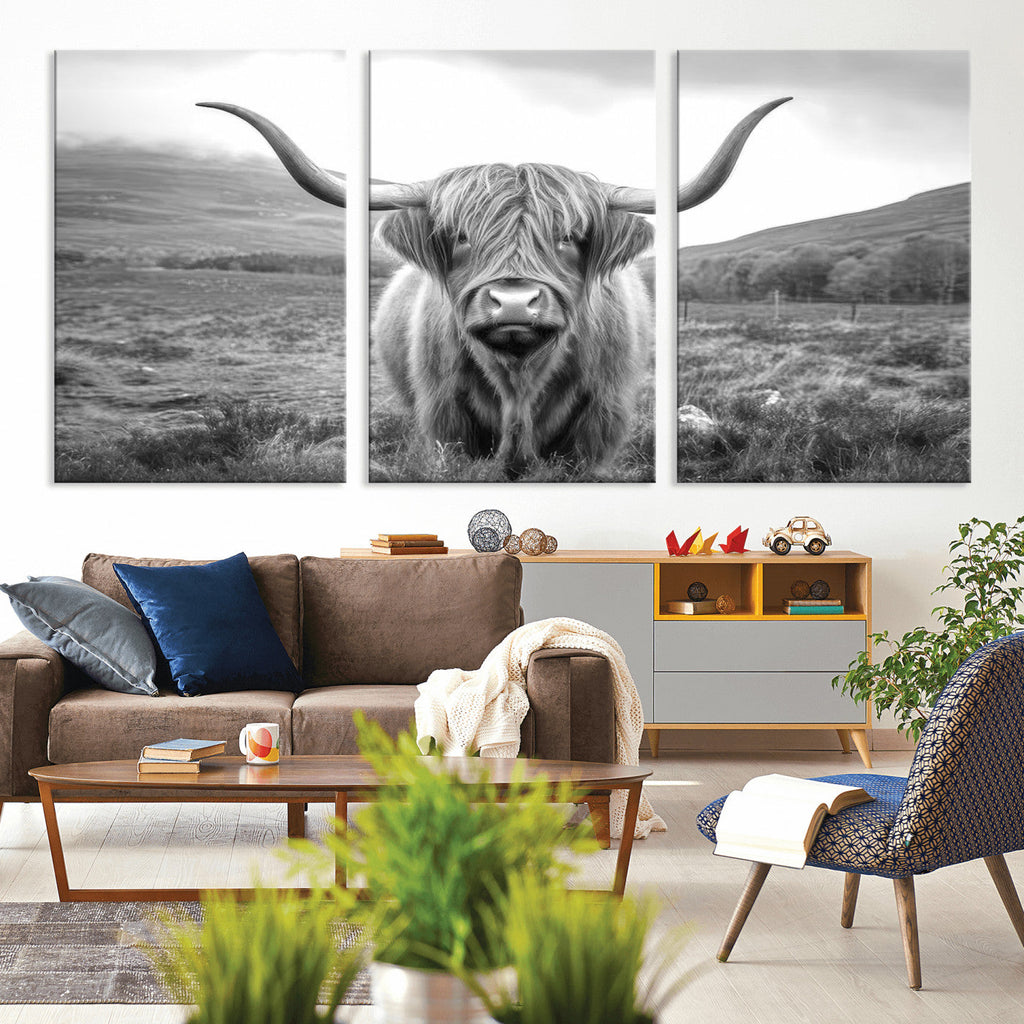 Black White Scottish Highland Cow Canvas Farm Wall Art