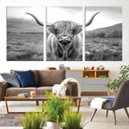 Black White Scottish Highland Cow Canvas Farm Wall Art
