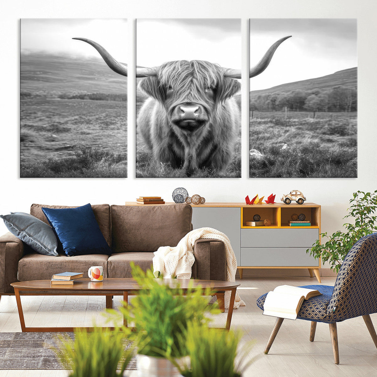 Black White Scottish Highland Cow Canvas Farm Wall Art