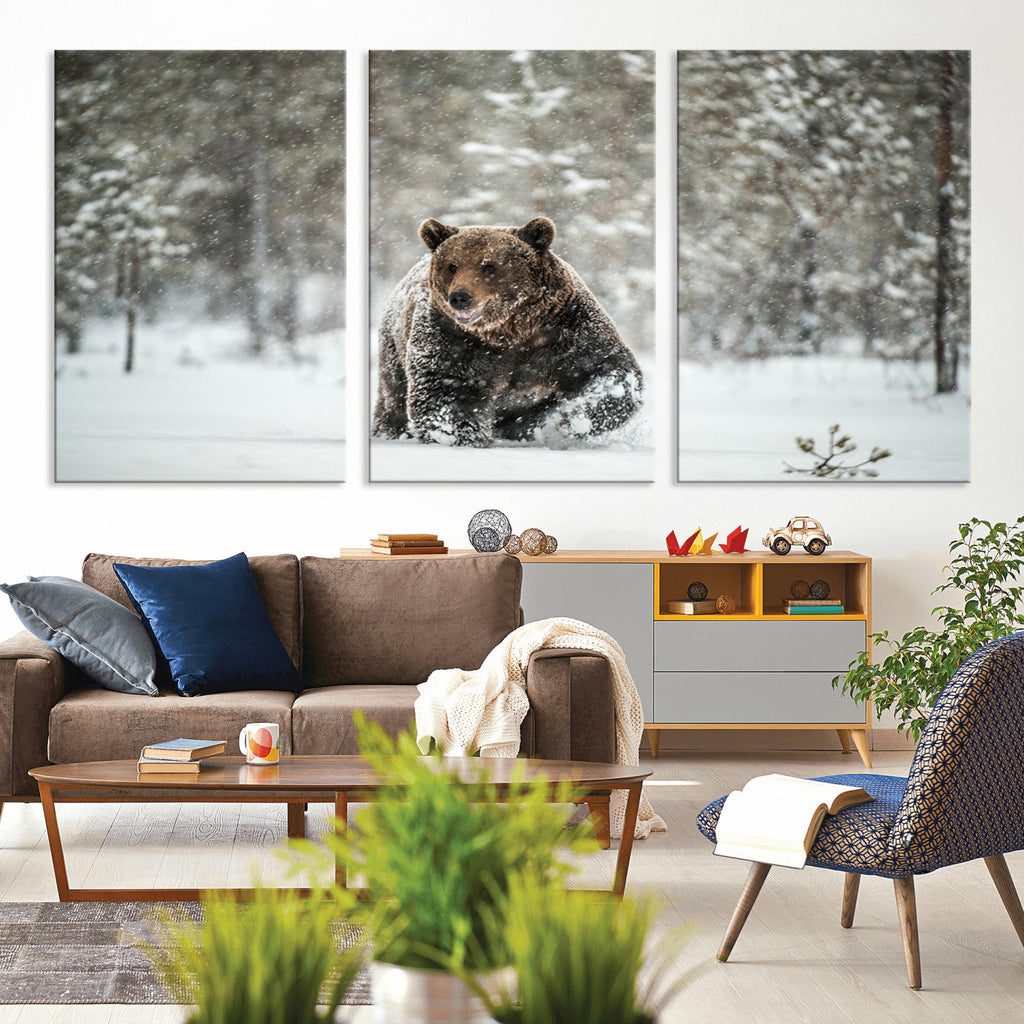 Grizzly Bear Wall Art | Framed Snowy Forest Canvas Artwork