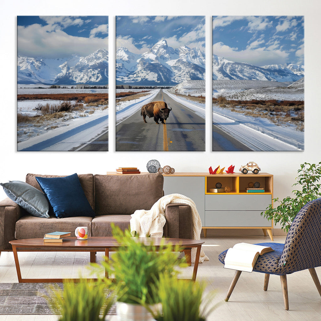 Bison Wall Art | Snowy Road Wall Art | Framed Mountain Landscape Canvas
