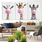 Bubblegum Animals Canvas Wall Art, Playful Giraffe and Zebra Trio, Whimsical Nursery and Kids Room Decor