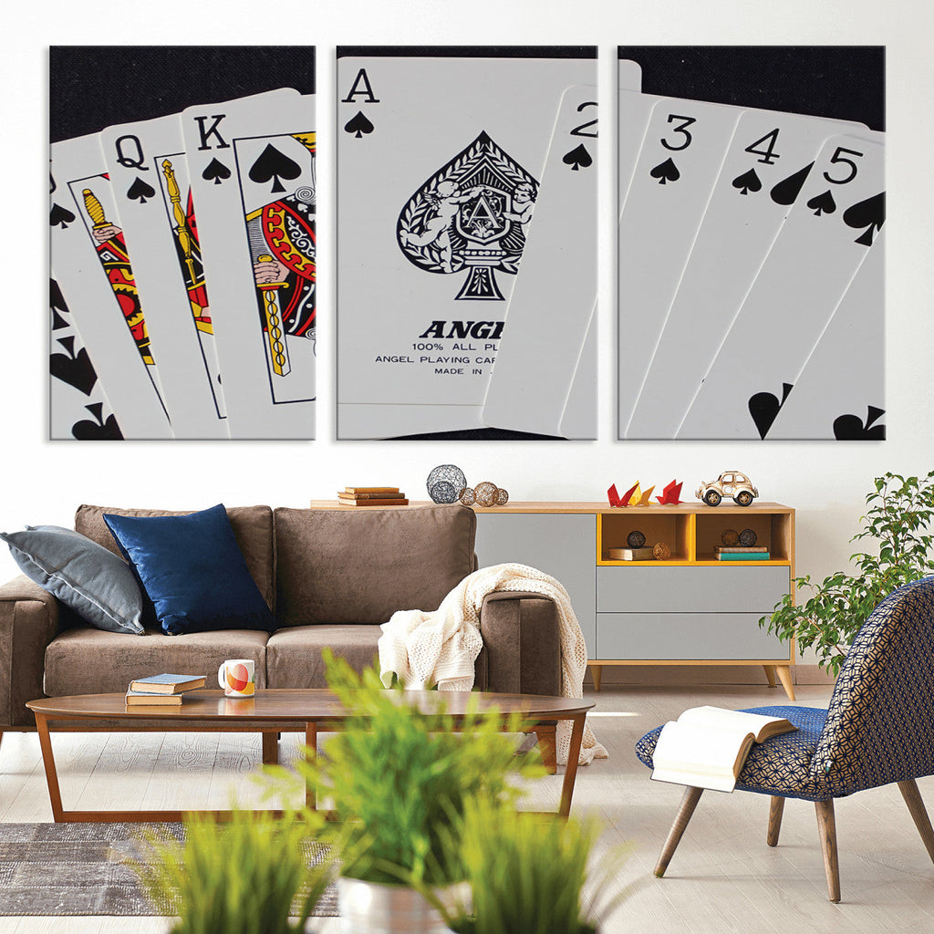 Poker Wall Art - Playing Cards Canvas Wall Art Print - Ace of Spades and Royal Flush Design